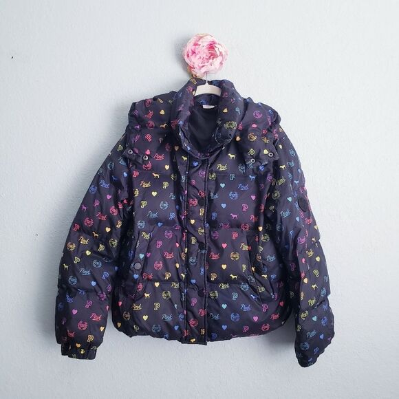 PINK Victoria's Secret Jackets & Blazers - PINK Victoria's Secret Rainbow Logo Hooded Puffer Jacket